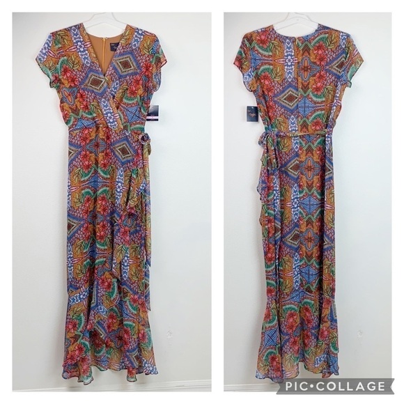 Just… Taylor faux wrap flutter sleeve tribal floral chiffon maxi dress lined EUC - Picture 2 of 14